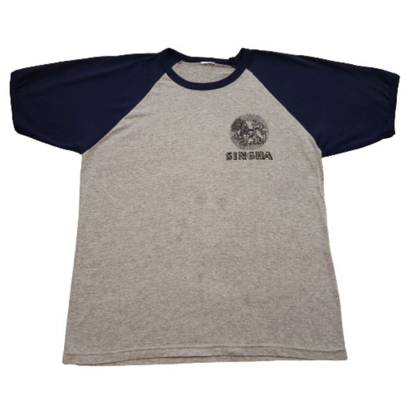Singha Beer Raglan T-Shirt Boon Rawd Brewery Co. Gray Blue | Men's XL Pre-owned - Picture 2 of 9